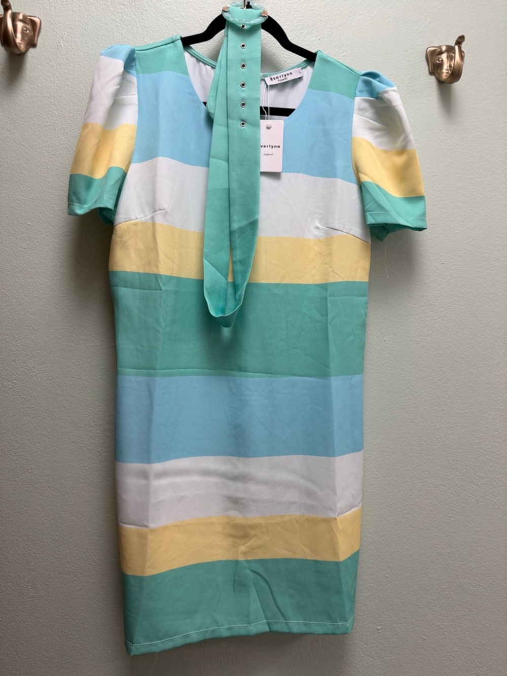 Striped Pastel Mini Dress with Tie Neck